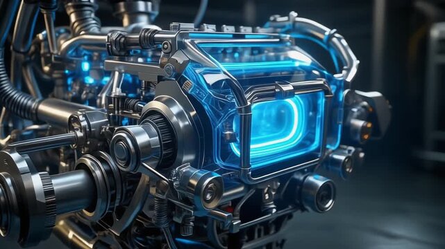 Close-up of a Futuristic Mechanical Device with Glowing Blue Neon Lights and Intricate Components technology