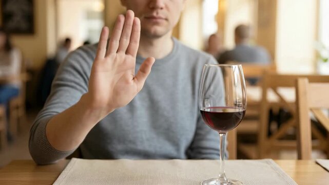 Person making rejection gesture toward alcohol glass on table