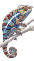 Colorful chameleon on branch from Madagascar in natural pose isolated on transparent background
