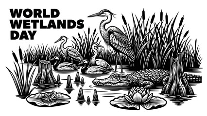 World Wetlands Day illustration featuring diverse wildlife and aquatic flora