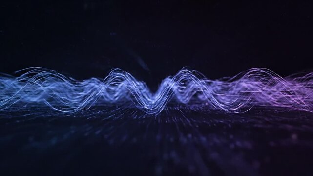 Abstract shimmering waves of light and particles flowing in a dark environment