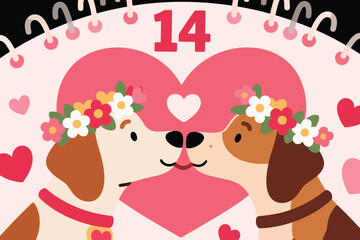 Two cartoon dogs touching noses with heart shape and Valentine&rsquo;s Day decor on pink background.