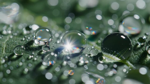 Abstract microscopic view of repeating water spheres reflecting light across the textured surface of a dark emerald foliage creating a seamless loop emerald, rainy, seamless