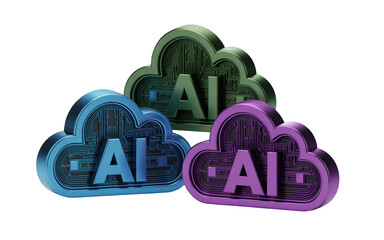 Three Colorful AI Cloud Icons with Circuit Board Pattern Isolated on Black Background – Artificial Intelligence, Cloud Computing and Digital Technology Concept
