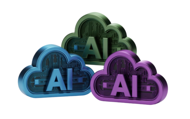 Three Colorful AI Cloud Icons with Circuit Board Pattern Isolated on Black Background – Artificial Intelligence, Cloud Computing and Digital Technology Concept