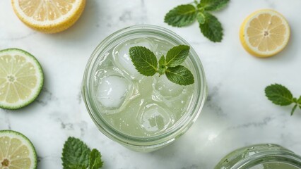 Fresh lemon and lime drinks with mint leaves, on a white marble surface. Refreshing beverage, citrus, and herbal ingredients. The concept of healthy and flavorful drinks.