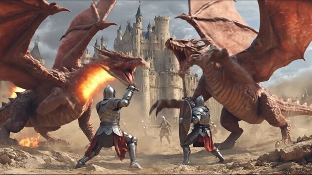Two armored knights confront crimson dragons before a distant castle under a dusty battlefield sky!!