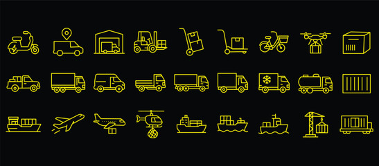 Commercial vehicles line icon set. Vector pictograms of container, pallet, forklift, plane, drone, helicopter, ship, train, cargo truck, warehouse, thin linear illustration. © RosieLily