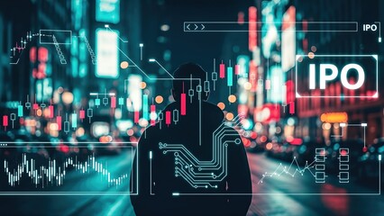 Silhouette of a person in a bustling city at night, surrounded by digital stock indices and IPO graphics, symbolizing investment opportunities and financial growth