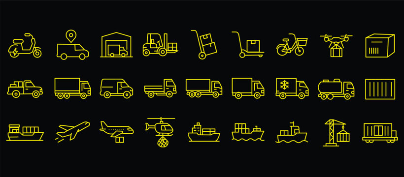 Commercial vehicles line icon set. Vector pictograms of container, pallet, forklift, plane, drone, helicopter, ship, train, cargo truck, warehouse, thin linear illustration.