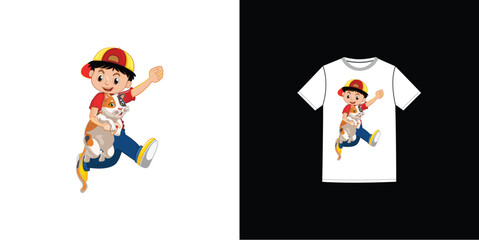 Vector cartoon boy and cat t-shirt design Fully Editable High Quality