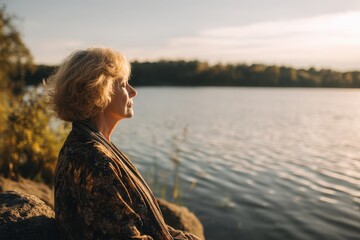 Elderly Woman Relaxing by Tranquil Lake During Golden Hour Serenity.