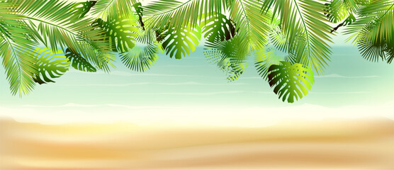 Palm leaves background and sea. hand drawn. Not AI, Vector illustration