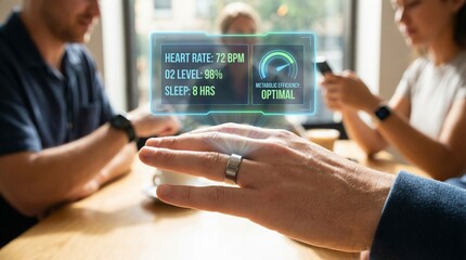 innovation driven efficiency model concept. Digital health metrics displayed on a hand in a social setting.