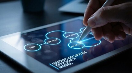 innovation driven efficiency model concept. Innovative brainstorming on a digital tablet screen.