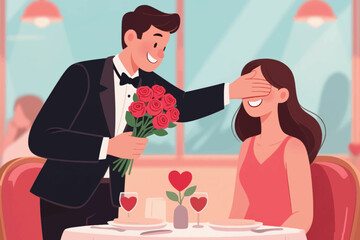 Man surprising woman with red rose bouquet at romantic dinner table with wine and heart decor.