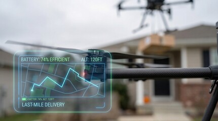 innovation driven efficiency model concept. Drone displaying delivery route and battery info outside a house.
