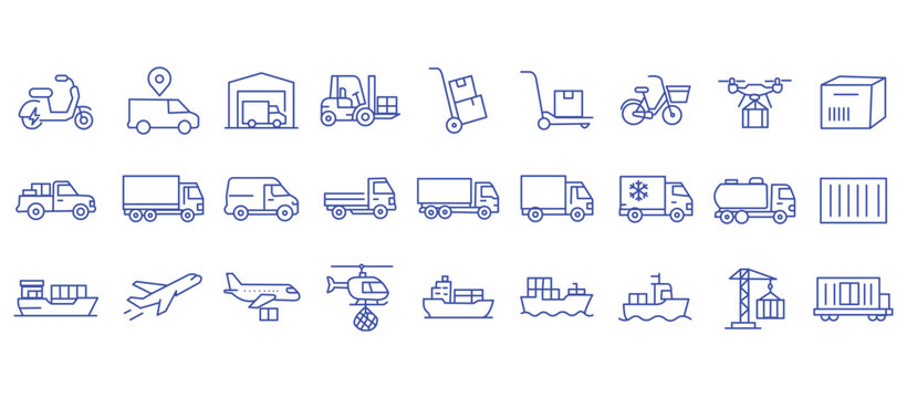 Commercial vehicles line icon set. Vector pictograms of container, pallet, forklift, plane, drone, helicopter, ship, train, cargo truck, warehouse, thin linear illustration.