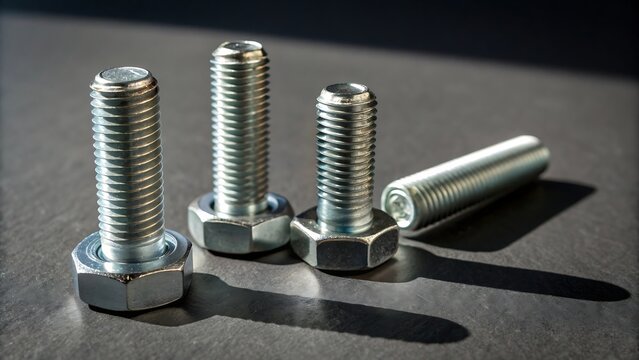 Metal fasteners with hexagonal heads isolated with shadows on white background. AI GENERATED.

