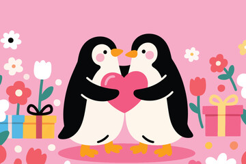 Two cartoon penguins holding big pink heart with flowers and gift boxes on pink background.