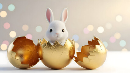 White Easter bunny emerging from golden eggshell in soft pastel bokeh with warm golden lighting for Easter greeting card