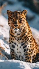Naklejka premium Majestic Spotted Leopard in Snow: Wildlife Photography of a Beautiful Predator in Mountain Habitat