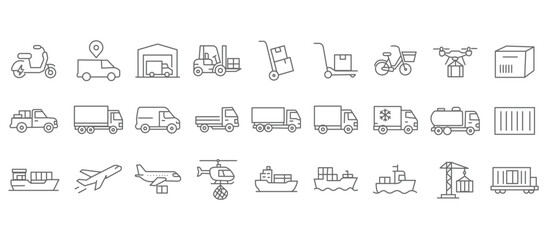 Commercial vehicles line icon set. Vector pictograms of container, pallet, forklift, plane, drone, helicopter, ship, train, cargo truck, warehouse, thin linear illustration.