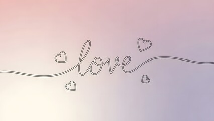 Single line drawing of love word surrounded by small hearts on gentle pink purple gradient