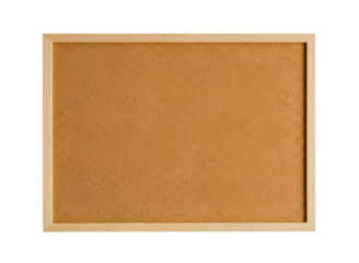 Cork bulletin board with wooden frame on transparent background