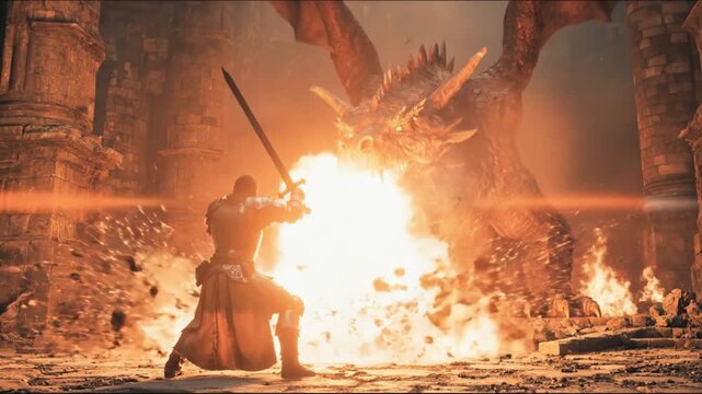 Armored knight faces a towering dragon amid burning ruins, heat, smoke, and desolation trembles now