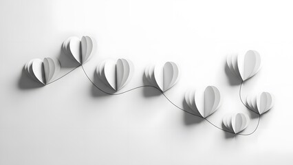Fototapeta premium Minimalist continuous connection of white paper cut hearts arranged on a simple black line against clean white background creating elegant 3D craft relief