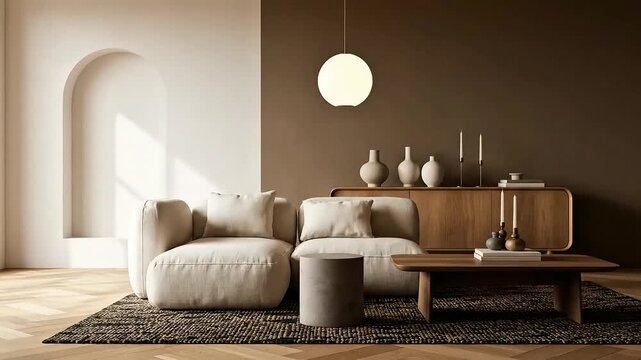 A serene living room scene with a minimalist beige sofa and wooden furniture, illuminated by soft light from a round lamp, set against a brown wall.