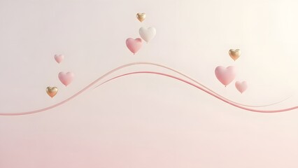 Valentine day greeting card with 3d heart balloons floating above wavy pink lines on soft background