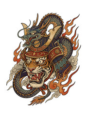 A fierce tiger wearing samurai armor, intertwined with a detailed dragon, surrounded by flames.