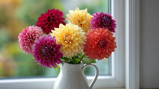 Vibrant dahlia bouquet in ceramic vase brightening a window corner