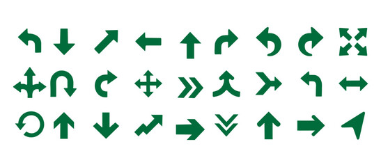 Arrows glyph icon set. Vector pictograms of direction, move, pointer, rotate, turn, return, expand, merge, diverge, black sign silhouette illustration.