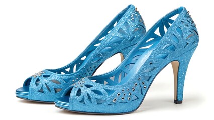 Sparkling blue stiletto heels for gift cut out isolated on white background. AI GENERATED.
