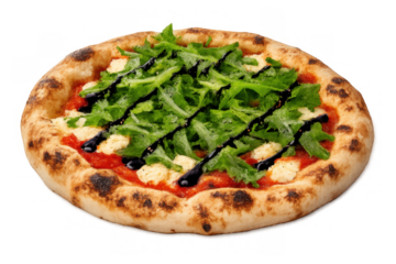 Gourmet pizza with fresh arugula, mozzarella, tomato sauce and balsamic glaze, transparent background