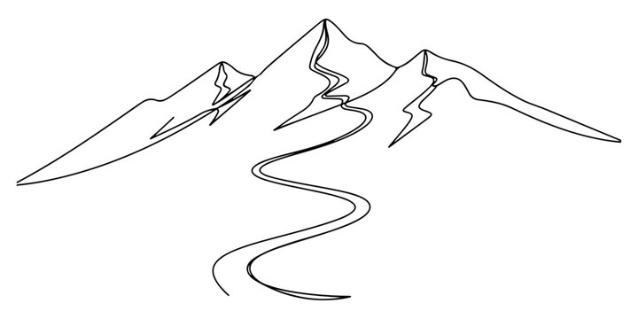Continuous one line of a simple mountain range with winding road, journey and perseverance, drawn vector illustration.