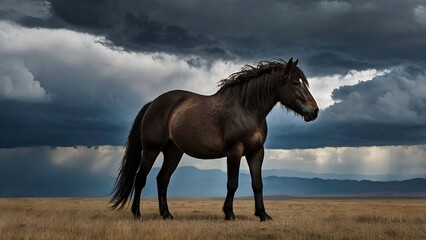 A Mongolian wild horse stands silhouetted against a dramatic sky