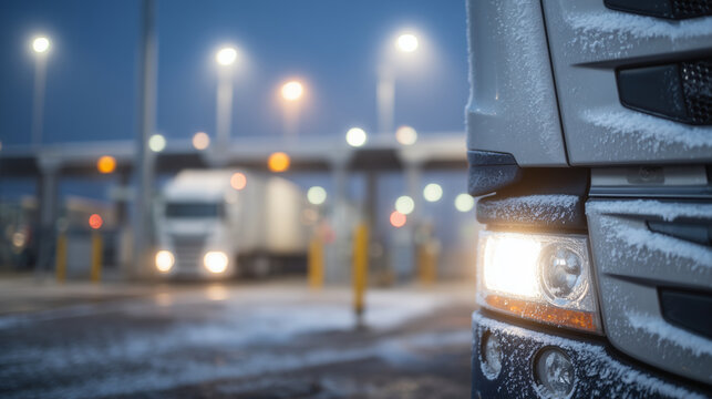 Tight perspective on truck cabs lined up at an international border checkpoint in winter, windshields rimmed with ice crystals, snow-packed tires gripping slushy asphalt, orange ma