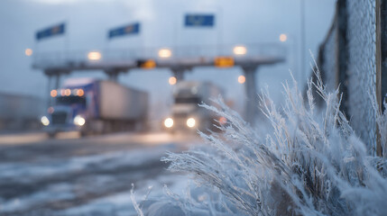 Close-up winter scene of trucks waiting in line at a border crossing, headlights diffused by snow and fog, frost-coated surfaces catching soft light, layered depth with barriers, s