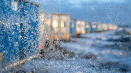 Intimate close-up of truck cabins waiting at an international border in winter, frost patterns etched across glass, snow accumulating on roof edges, subtle motion blur of falling s