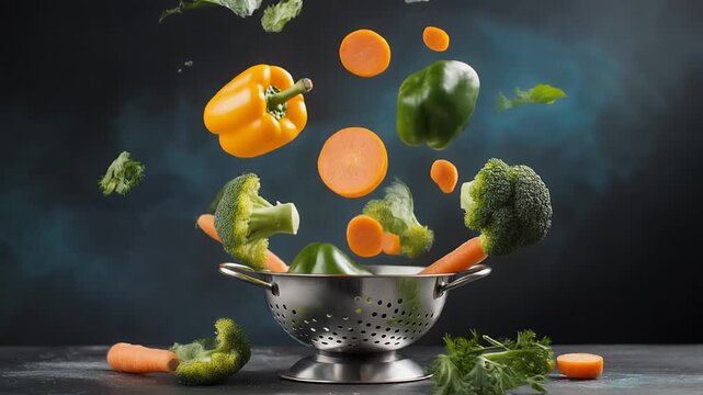 Assortment of fresh vegetables including broccoli, bell peppers, carrots, and dill in mid-air above a metal colander on a dark textured background