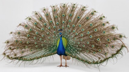 Peacock displaying its feathers with vibrant colors and intricate patterns.