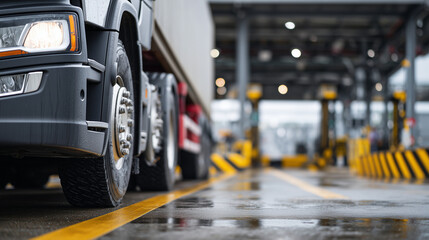 Close-up view of truck wheels and lower chassis in a customs queue, thick tire treads coated with grime, reflective puddles on the road surface, steel guardrails and checkpoint lan