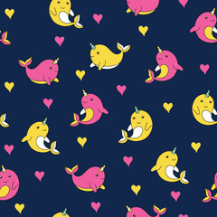 Pink and yellow narwhal seamless pattern with hearts on dark blue background © pattern_boom
