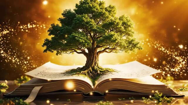 A magical tree grows out of an open book in a video surrounded by sparkling lights knowledge wisdom theme Footage