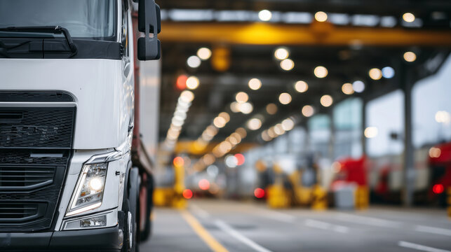 Intimate close-up of a single truck within a customs queue, focus on windshield, mirrors, and grille, subtle reflections of checkpoint lights, background filled with out-of-focus t