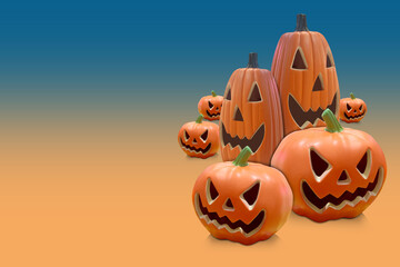 inside right, various sizes and shapes of seven pumkins are carved with similar spooky faces on gradient blue and orange background, object, decor, fashion, scary, festival, 